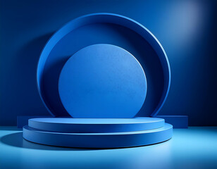 Poster -  Blue Platform Product Podium- A 3D studio setup with a blue pedestal for product display. T_1(87)