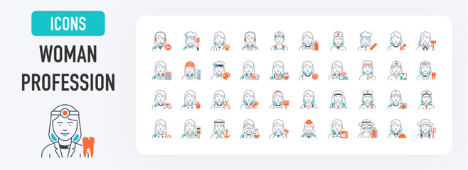 Set of woman professions icons. Filled icon such as musician, lawyer, stewardess, plumber, cricket player, programmer, orthodontist, dj vector illustration.	