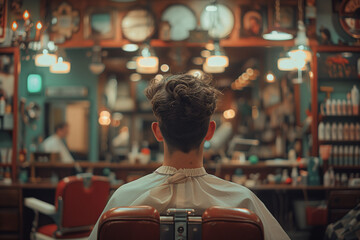 Canvas Print - Rear view of a young man sitting in a chair in a barber shop.