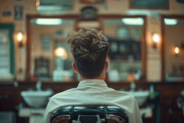 Wall Mural - Rear view of a young man sitting in a chair in a barber shop.