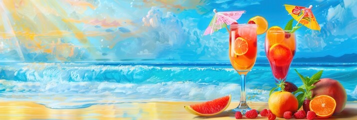 Aufkleber - Two glasses of colorful cocktails decorated with fruit slices, umbrellas, and other garnishes are on a sandy beach in front of a bright blue ocean and sky. Generative AI