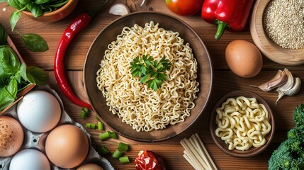 Aufkleber - A bowl of instant noodles sits on a wooden table, surrounded by fresh ingredients like herbs, peppers, eggs, and vegetables. Generative AI