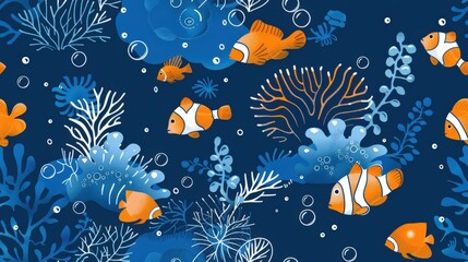 Poster - A pattern featuring orange and white fish swimming among blue coral and bubbles on a dark blue background