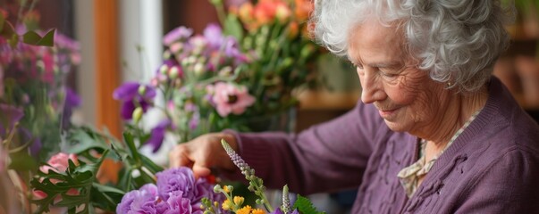 Wall Mural - Tranquil Senior Woman in Rebecca Purple Arranging Flowers - Peaceful Mental Activity Concept