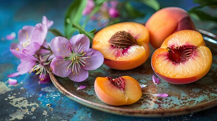 Wall Mural - Peach slices on a plate. Selective focus.