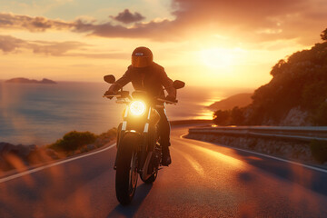 Wall Mural - Man riding motorcycle on scenic road