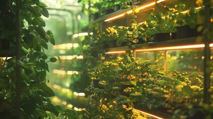 Poster - A close-up of plants growing in a vertical system under artificial lighting. The plants are thriving and appear healthy, showcasing the effectiveness of indoor gardening techniques.