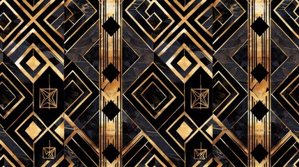 Poster - A seamless pattern featuring geometric shapes in black and gold with a marble effect