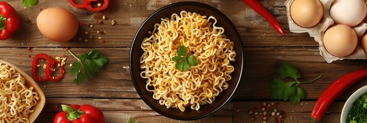 Aufkleber - A bowl of instant noodles sits on a wooden kitchen table, surrounded by fresh ingredients like herbs, peppers, eggs, and vegetables. Generative AI
