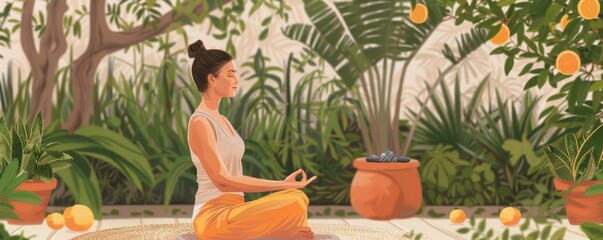 Wall Mural - Tranquil Woman Meditating in Serene Garden for Stress Relief Practice, Wearing Lucky Orange