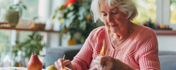 Wall Mural - Serene Senior Woman Knitting in Profile View for Stress Relief, Wearing Pear Green Sweater