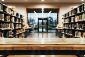 Blurred school library with bookshelves for educational background.