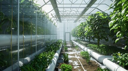 Poster - A long, narrow greenhouse filled with rows of plants. The plants are growing in raised beds with white piping along the sides. The glass roof lets in natural light and the white walls reflect it.