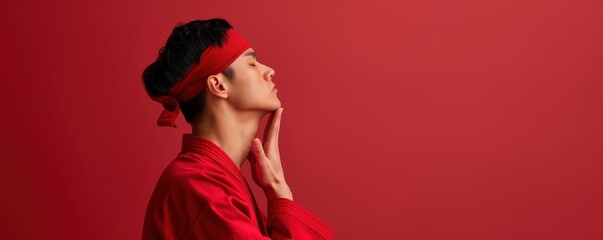 Wall Mural - Energizing Spring Red: Man in Profile Practicing Martial Arts for Stress Relief and Movement Therapy