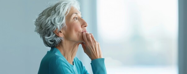 Wall Mural - Serene Senior Woman Practicing Mindful Eating for Stress Relief in Ultramarine Attire