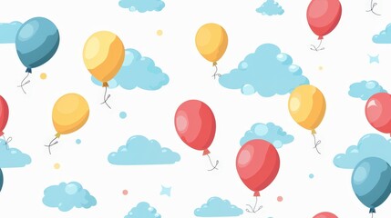 Poster - A white background with blue clouds and brightly colored balloons, including red, yellow, and blue balloons