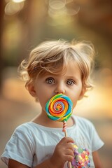 Wall Mural - a small child eats a lollipop on a stick. Selective focus