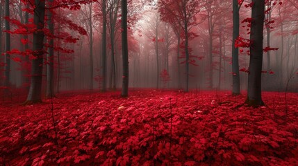 Poster - Enchanted Red Forest Landscape in Autumn Mist