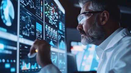 Wall Mural - Elderly Man Analyzing Data on Multiple Monitors