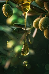 Wall Mural - close-up of dripping olive essential oil. Selective focus