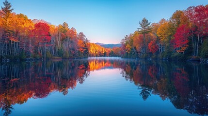 Wall Mural - Vibrant Autumn Reflections: A Serene Lake Surrounded by Fiery Fall Foliage