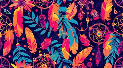 Poster - A colorful, repeating pattern featuring dreamcatchers, feathers, and floral elements in a bohemian style