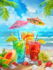 Aufkleber - Three colorful cocktails with fruit garnishes sit on a sandy beach with an ocean backdrop. Generative AI