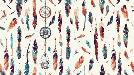 Poster - Colorful watercolor feathers and dreamcatchers on a white background