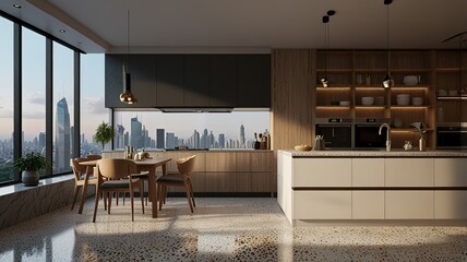 Modern style luxury interior with city view 3d render, There are terrazzo floor decorated wall with hidden light