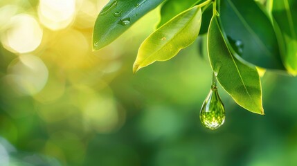 Wall Mural - close-up of a drop of eucalyptus essential oil. Selective focus