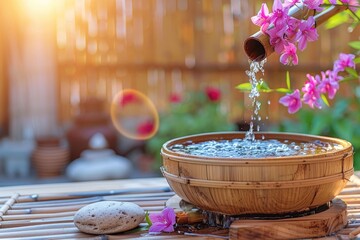 Wall Mural - Tranquil spa setting with bamboo fountain and zen stone