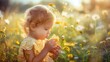 © Valentina - the child holds a honeycomb with honey on the background of the field. Selective focus