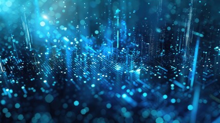 Abstract digital technology background with blue glowing particles, illustrating data transfer and futuristic cyber landscape.