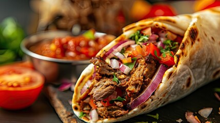 Wall Mural - close-up of delicious juicy shawarma. Selective focus