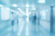© SKIMP Art - Blurred background of a hospital corridor with people and medical equipment, using a light blue color palette with blurred imagery and a bokeh effect Generative AI