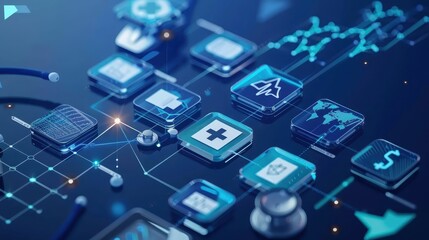 Innovative digital healthcare technology concept with various icons representing medical and financial data on a futuristic interface.