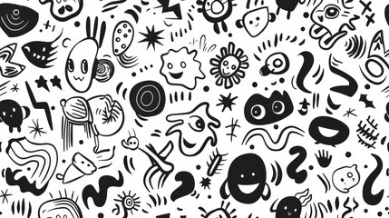 Poster - A seamless pattern with black and white doodles featuring abstract shapes, playful characters, and fun scribbles