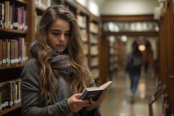 Fototapete - Young student using e book and bookshelf on background