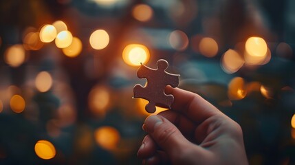 Wall Mural - Hand Holding a Puzzle Piece: A hand holding a single puzzle piece, symbolizing problem-solving and fitting pieces together.
