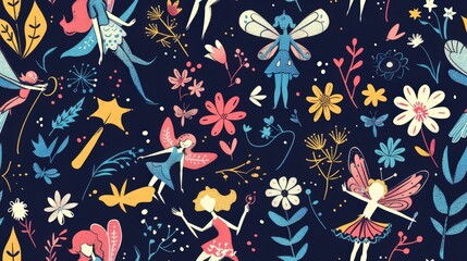 Poster - A whimsical pattern featuring fairies with wings and wands flying among a variety of colorful flowers and leaves