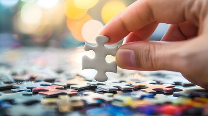 Wall Mural - Hand Holding a Puzzle Piece: A hand holding a single puzzle piece, symbolizing problem-solving and fitting pieces together.
