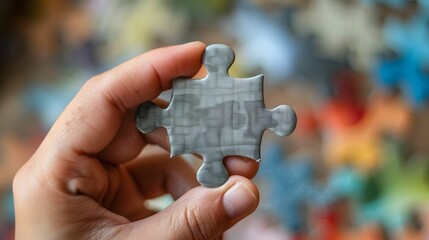 Wall Mural - Hand Holding a Puzzle Piece: A hand holding a single puzzle piece, symbolizing problem-solving and fitting pieces together.
