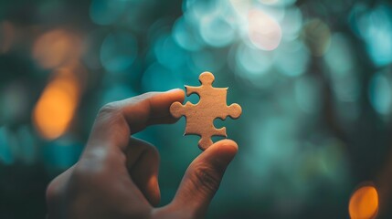 Wall Mural - Hand Holding a Puzzle Piece: A hand holding a single puzzle piece, symbolizing problem-solving and fitting pieces together.
