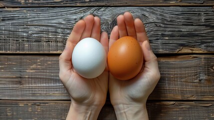 White and Brown Eggs in Open Hands on Wooden Background