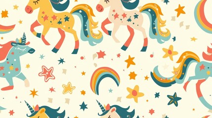 Poster - A pattern featuring colorful unicorns, rainbows, and stars on a white background. The unicorns are illustrated in a whimsical style with vibrant colors and playful details