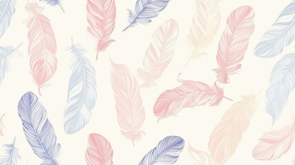 Poster - Pastel pink, blue, and yellow feathers float on a white background, creating a delicate and ethereal pattern