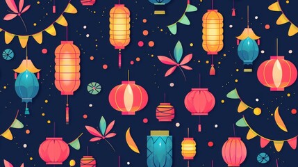 Poster - A seamless pattern featuring colorful lanterns, festive decorations, and leaves on a dark background