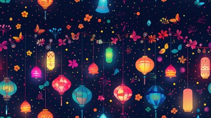 Poster - A pattern of colorful lanterns hanging from strings adorned with flowers and butterflies against a dark blue night sky