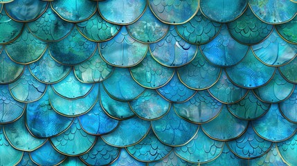 Poster - A detailed close-up shot showcasing a pattern of overlapping blue fish scales with gold edging