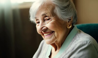 Wall Mural - Joyful elderly person relaxing in indoor setting, smiling and looking at camera